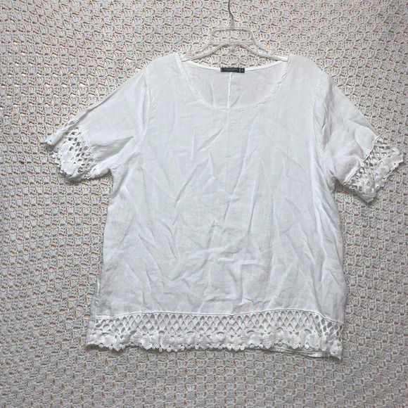 Lungo L'arno 100%Linen Blouse Top  Size 1X Lace Trim Hem Short Sleeve White Knit - Picture 1 of 10
